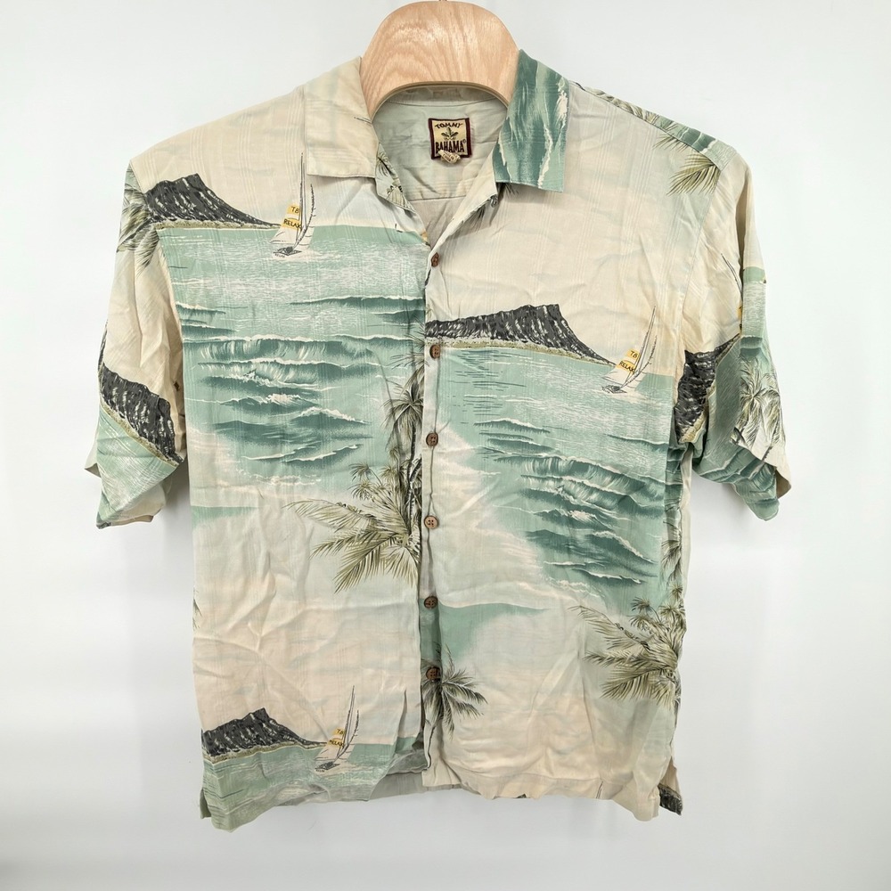 Tommy Bahama Button Front Shirt Mens XL Cream Green Blue Brown Silk Tropical